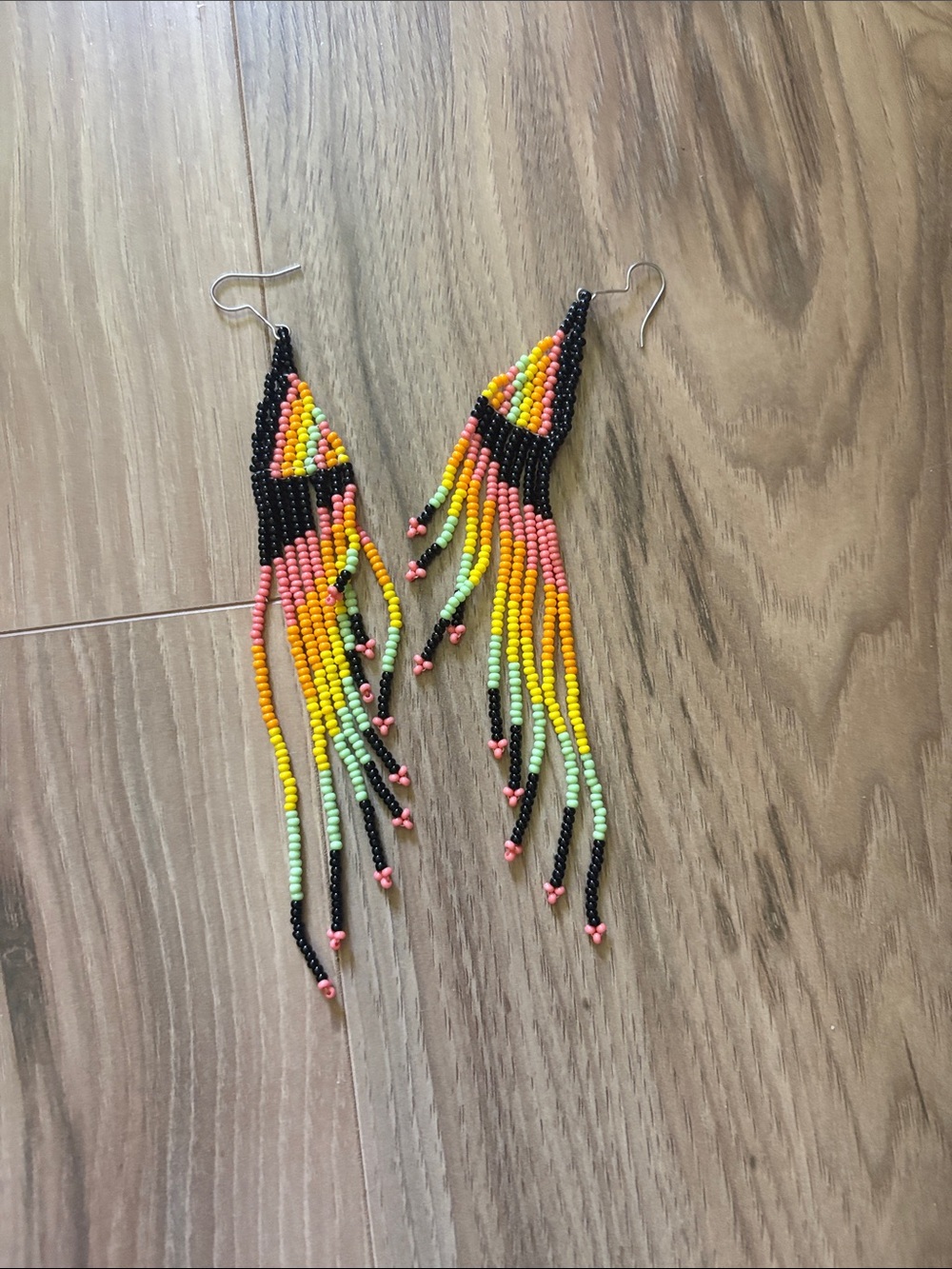 Handmade Black, Yellow, Pink & Green Beaded Fringe Earrings